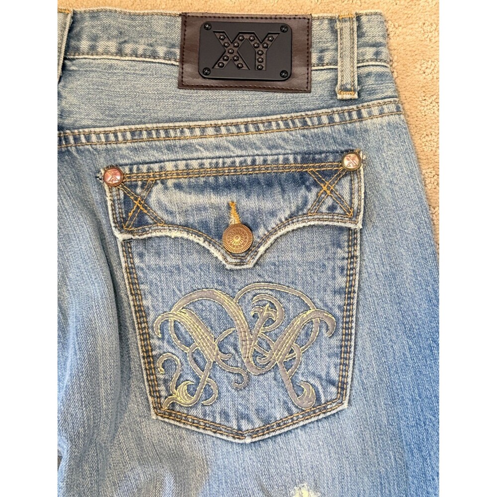 X-Ray Men’s Distressed Faded Blue Straight Leg Denim Jeans Size 34x32 Moto